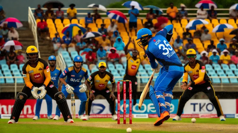 Dynamic cricket match at Queen's Park Oval in Trinidad between Blue Devils and Soca Kings under rainy conditions, highlighting key players like Kadeem Alleyne batting, Jon-Russ Jaggesar bowling, and Jyd Goolie showcasing all-rounder skills, with a lively crowd in the background for BLD vs SCK Dream11 Prediction.