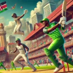 Cricket match between Kenya and Nigeria at Sikh Union Club Ground, Nairobi. Key players Neil Mugabe and Prosper Useni in action, with Mugabe batting and Useni bowling. The stadium is packed with enthusiastic fans, creating a vibrant and lively atmosphere FOR KEN vs NIG Dream11 Prediction