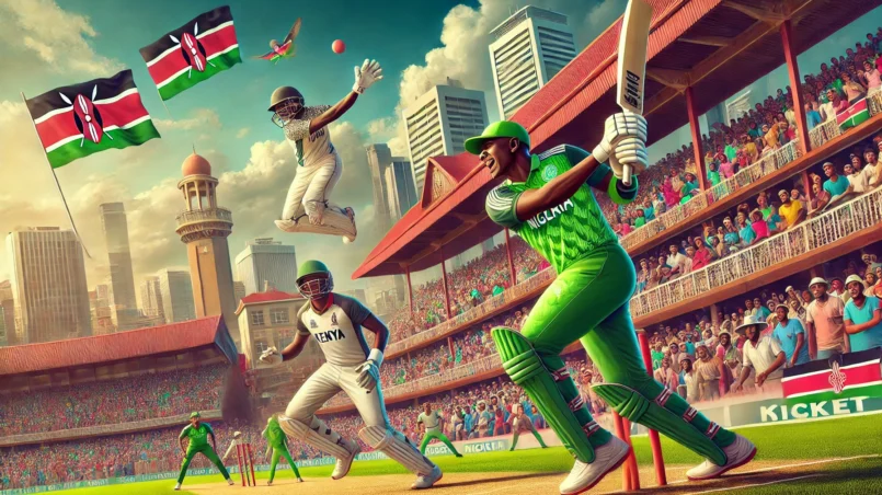 Cricket match between Kenya and Nigeria at Sikh Union Club Ground, Nairobi. Key players Neil Mugabe and Prosper Useni in action, with Mugabe batting and Useni bowling. The stadium is packed with enthusiastic fans, creating a vibrant and lively atmosphere FOR KEN vs NIG Dream11 Prediction