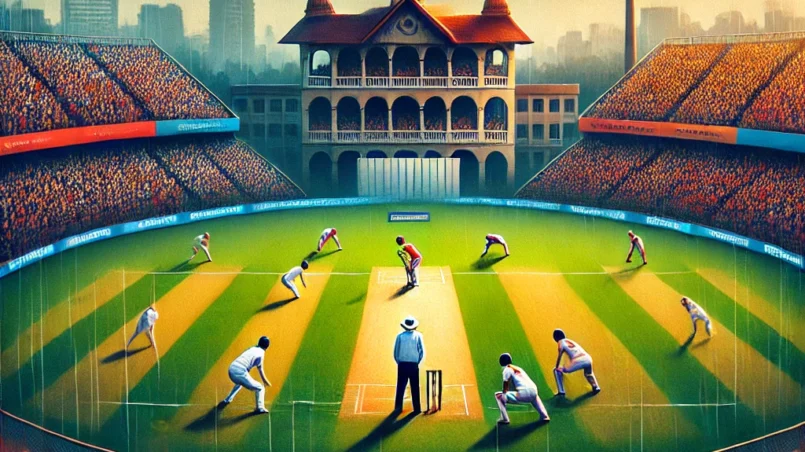 Exciting cricket match at Sri Ramakrishna College of Arts and Science Ground, Coimbatore, India, under rainy weather with balanced pitch, featuring pacers and spinners bowling, batsmen skillfully defending and attacking, and enthusiastic fans cheering in the stands for SMP vs NRK Dream11 Prediction