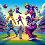 Cartoon-style image of an exciting cricket match between Budapest Zalmi (BUZ) and Budapest Kings (BK) featuring dynamic action scenes with batsmen, bowlers, and fielders in a lively stadium with cheering crowd and overcast sky for BUZ vs BK Dream11 Prediction