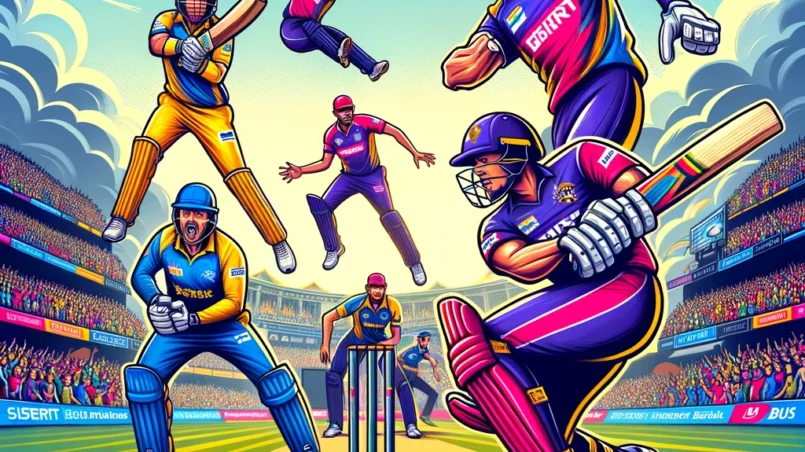 Cartoon-style image of an exciting cricket match between Budapest Zalmi (BUZ) and Budapest Kings (BK) featuring dynamic action scenes with batsmen, bowlers, and fielders in a lively stadium with cheering crowd and overcast sky for BUZ vs BK Dream11 Prediction