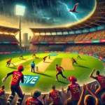 A thrilling T10 cricket match between Parakeet Buccaneers and Scarlet Ibis Scorchers at Queen's Park Oval, Port of Spain, Trinidad, featuring key players Leonardo Julian and T Webster under a rainy sky with enthusiastic fans cheering in the stadium FOR PBC vs SLS Dream11 Prediction