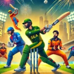 A dynamic cricket match scene featuring key battles between players from SEA and SF teams in a T20 domestic league. Shubham Ranjane of SEA is batting against Hasan Khan of SF bowling, and Matthew Short of SF is batting against Harmeet Singh of SEA bowling. The background shows a vibrant stadium with cheering fans and detailed player uniforms FOR SEA vs SF Dream11 Prediction.