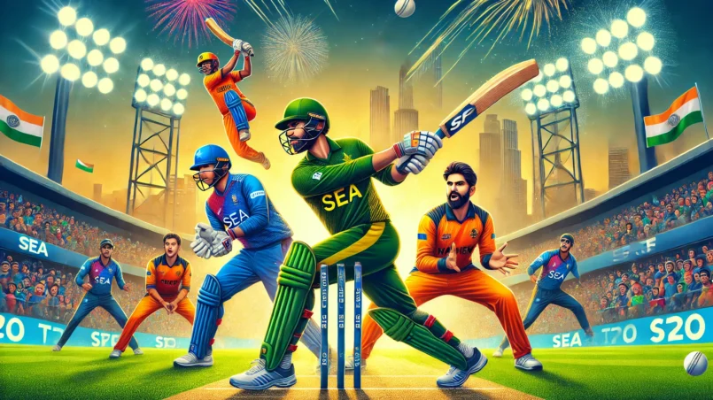 A dynamic cricket match scene featuring key battles between players from SEA and SF teams in a T20 domestic league. Shubham Ranjane of SEA is batting against Hasan Khan of SF bowling, and Matthew Short of SF is batting against Harmeet Singh of SEA bowling. The background shows a vibrant stadium with cheering fans and detailed player uniforms FOR SEA vs SF Dream11 Prediction.