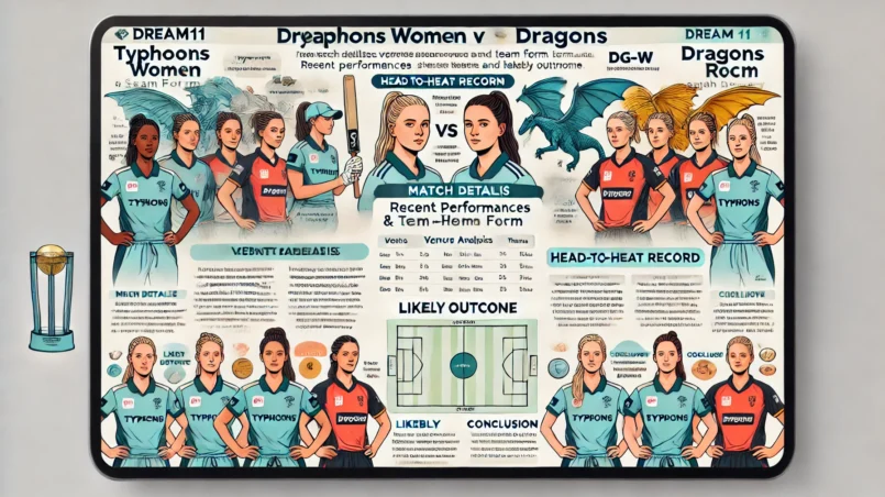 Dream11 prediction article layout for the cricket match between Typhoons Women (TYP-W) and Dragons Women (DG-W). The layout includes sections for Match Details, Venue Analysis, Recent Performances and Team Form, Player Performance Data, Head-to-Head Record, Strategic Insights, Expert Opinions and Betting Scenarios, Likely Outcome, Conclusion, and a Disclaimer. Key battles highlighted are Orla Prendergast vs. Sarah Forbes, Cara Murray vs. Leah Delany, and Georgina Dempsey vs. Amy Hunter. Emphasizes young talents like Rebecca Stokell, Eimear Noble, and Laura Little FOR TYP-W vs DG-W Dream11 Prediction