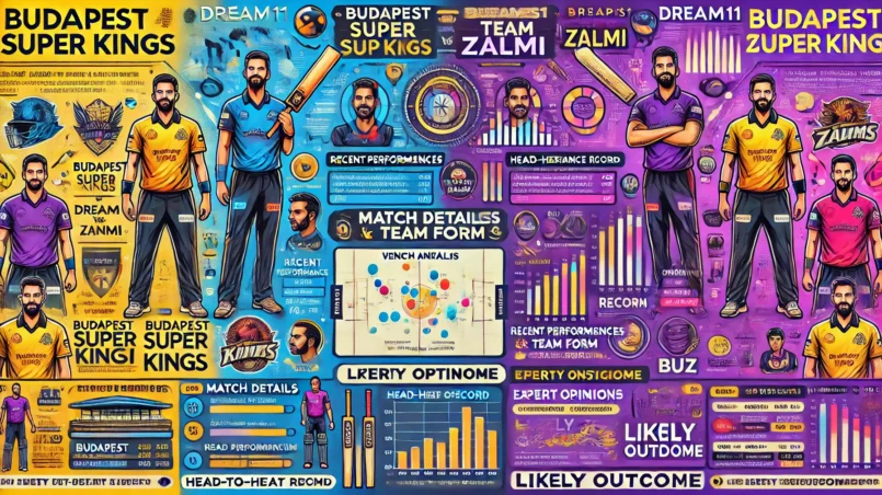 BK vs BUZ Dream11 prediction - Detailed infographic layout with match details, venue analysis, recent performances, player performance data, head-to-head record, strategic insights, expert opinions, and likely outcome. Featuring team logos and Dream11 branding.