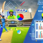 An engaging and detailed image for the GM vs JK Dream11 prediction blog post, featuring cricket players in action, a stadium backdrop, and graphical elements such as tables and charts for data analysis, with the title 'GM vs JK Dream11 Prediction' prominently displayed.