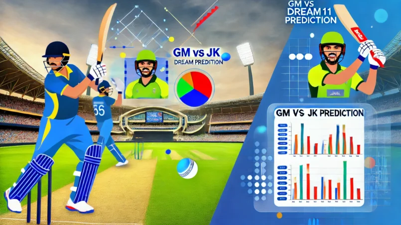 An engaging and detailed image for the GM vs JK Dream11 prediction blog post, featuring cricket players in action, a stadium backdrop, and graphical elements such as tables and charts for data analysis, with the title 'GM vs JK Dream11 Prediction' prominently displayed.