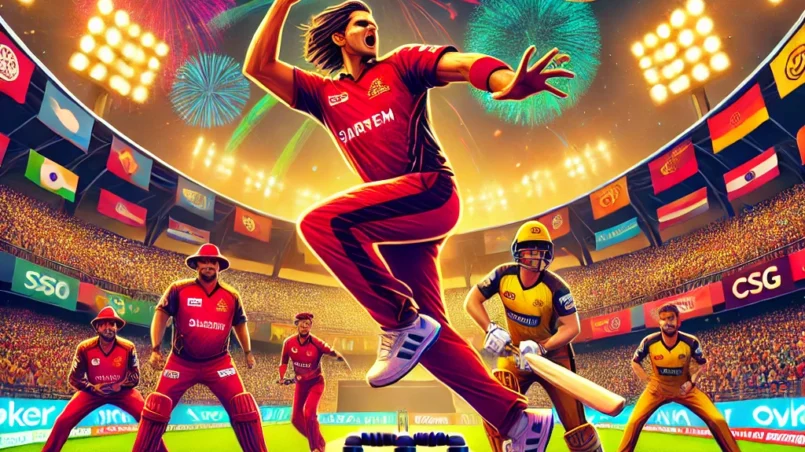 Dynamic cricket match scene in a vibrant stadium featuring key players from Salem Spartans and Chepauk Super Gillies in action, with enthusiastic crowd, colorful banners, and bright lights during a T20 domestic league match for SS vs CSG Dream11 Prediction