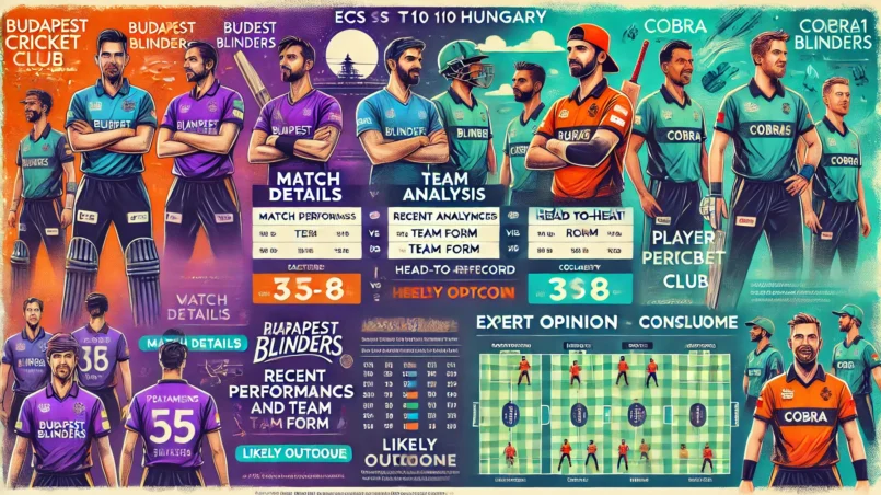 Horizontal blog post layout featuring detailed Dream11 match prediction for ECS T10 Hungary match between Budapest Blinders (BUB) and Cobra Cricket Club (COB). Includes match details, venue analysis, recent performances, player statistics, head-to-head record, strategic insights, expert opinions, likely outcome, and a highlighted Dream11 team with captain and vice-captain.