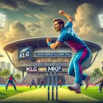 Dynamic cricket match at Johor Cricket Academy Oval between KLG and MKP teams, showcasing a fast bowler delivering a ball, batsman ready to strike, and fielders in action with a vibrant crowd in the background for KLG vs MKP Dream11 Prediction