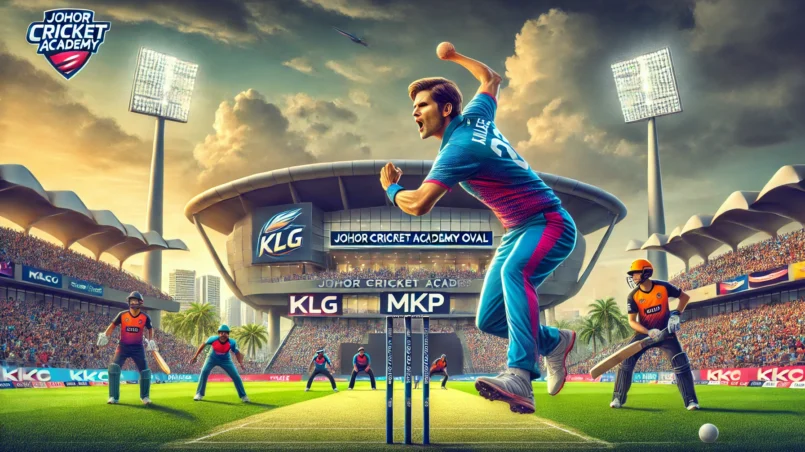 Dynamic cricket match at Johor Cricket Academy Oval between KLG and MKP teams, showcasing a fast bowler delivering a ball, batsman ready to strike, and fielders in action with a vibrant crowd in the background for KLG vs MKP Dream11 Prediction