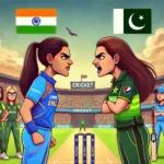 IN-W vs PK-W Dream11 Prediction - Cartoon-style intense face-off between India Women and Pakistan Women cricket teams in a T20 match at a colorful stadium with animated fans.