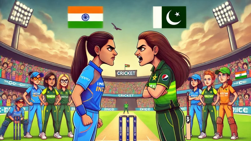 IN-W vs PK-W Dream11 Prediction - Cartoon-style intense face-off between India Women and Pakistan Women cricket teams in a T20 match at a colorful stadium with animated fans.