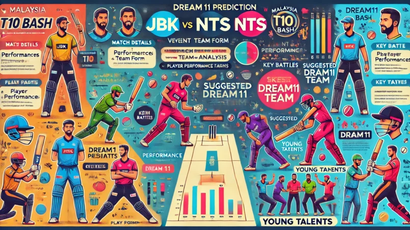 JBK vs NTS Dream11 Prediction Infographic: Comprehensive analysis for the Malaysia T10 Bash match including match details, venue analysis, recent performances, team form, player performance data, key battles, young talents, and suggested Dream11 team.