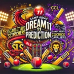 SLS vs CCL Dream11 Prediction - Featured image for Dream11 prediction blog post showcasing Scarlet Ibis Scorchers vs Samp Army Cocrico Cavaliers T10 cricket match with team logos, cricket stadium background, and vibrant graphics.