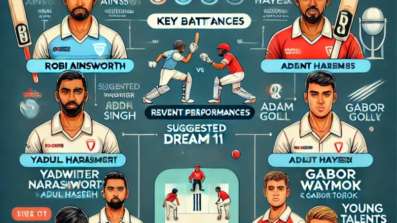 Infographic detailing the DCC vs DK Dream11 Prediction, highlighting key battles between Robi Ainsworth and Abdul Haseeb, Yadwinder Singh and Adam Gall, Venkata Narashiman and Gabor Torok. Features young talents N Liyanage, S Tariq, T Wayman, and Z Marosy with their strengths. Includes sections for Match Details, Venue Analysis, Recent Performances, Suggested Dream11 Team, and Strategic Insights