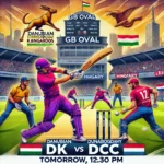 image for the DK vs DCC Dream11 Prediction article. It captures the dynamic cricket scene at GB Oval, Szodliget, with players in action, the scoreboard, and an enthusiastic crowd.