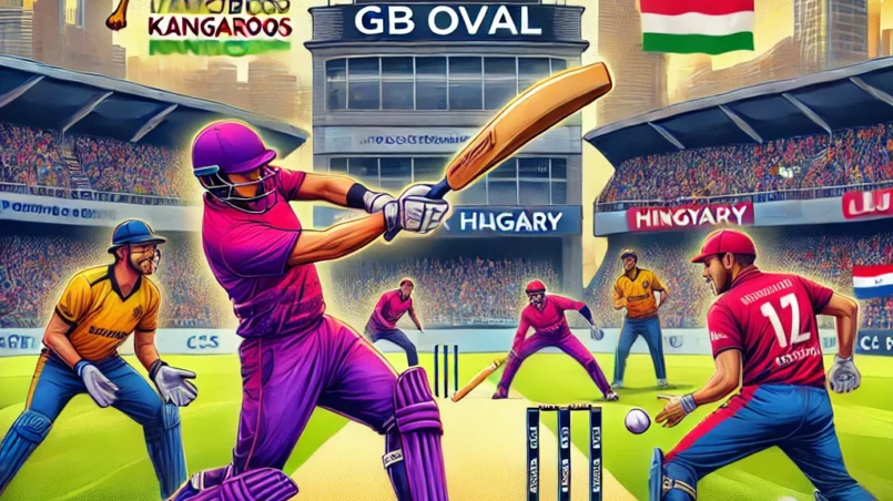 image for the DK vs DCC Dream11 Prediction article. It captures the dynamic cricket scene at GB Oval, Szodliget, with players in action, the scoreboard, and an enthusiastic crowd.