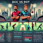 image for the DCC vs ROT Dream11 prediction article. The image includes detailed match analysis, venue insights, key battles, and young talents, all set against a vibrant cricket stadium background.