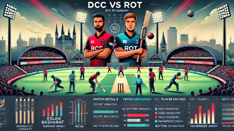 image for the DCC vs ROT Dream11 prediction article. The image includes detailed match analysis, venue insights, key battles, and young talents, all set against a vibrant cricket stadium background.