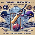 UCB vs COB Dream11 Prediction for ECS T10 Hungary, featuring team logos, match details, and cricket elements at GB Oval, Szodliget.