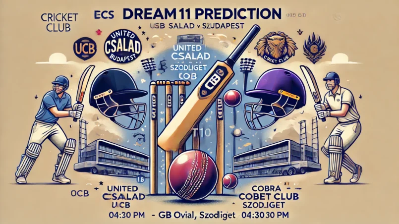 UCB vs COB Dream11 Prediction for ECS T10 Hungary, featuring team logos, match details, and cricket elements at GB Oval, Szodliget.