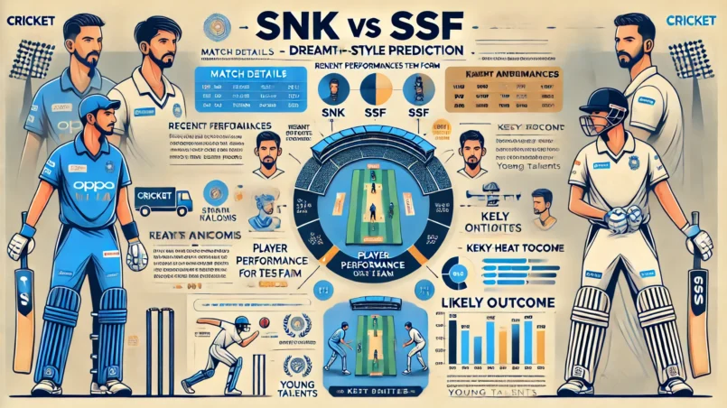 SNK vs SSF Dream11 Prediction: Infographic detailing match details, venue analysis, recent performances, team form, player performance data, head-to-head record, strategic insights, expert opinions, betting scenarios, likely outcome, key battles, and young talents