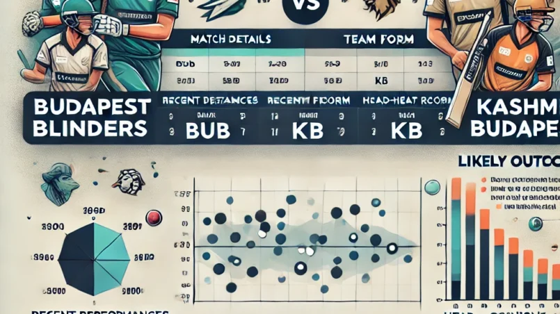 image for the Dream11 prediction article layout featuring Budapest Blinders (BUB) vs Kashmir Budapest (KB). The article includes sections for Match Details, Venue Analysis, Recent Performances, Team Form, Player Performance Data, Head-to-Head Record, Strategic Insights, Expert Opinions and Betting Scenarios, Likely Outcome, and Conclusion. The layout is designed to be clean, professional, and engaging, with charts, tables, and key player images.