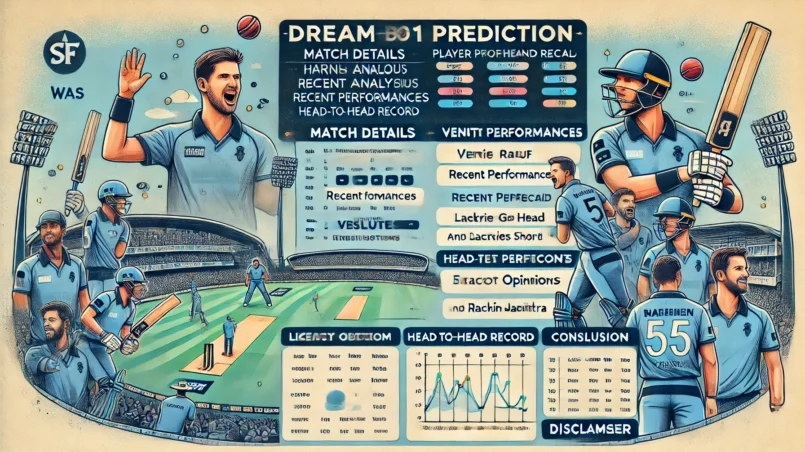 SF vs WAS Dream11 Prediction blog post image showing a detailed analysis. Background features a cricket stadium with players in action. Key sections highlighted include 'Match Details,' 'Venue Analysis,' 'Recent Performances,' 'Player Performance Data,' 'Head-to-Head Record,' 'Strategic Insights,' 'Expert Opinions and Betting Scenarios,' 'Likely Outcome,' 'Conclusion,' and 'Disclaimer.' Emphasizes player images of Finn Allen, Haris Rauf, Andries Gous, Lockie Ferguson, Travis Head, Pat Cummins, Matthew Short, Marco Jansen, Rachin Ravindra, and Jaskaran Malhotra. Includes a table for Suggested Dream11 Team and Substitutes, highlighting the captain and vice-captain selection.