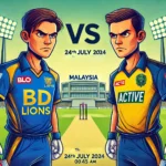 cartoon-like image of the two key players facing off for the match between BD Lions (BLO) and Active (ACT) for the Malaysia T10 Grand Rumble Championship. The image features the key players with a cricket field background, highlighting the rivalry with intense facial expressions and dynamic cricket poses. Key details such as the match date (24th July 2024) and time (08:45 AM) are subtly included in the design.