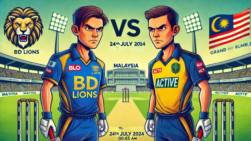 cartoon-like image of the two key players facing off for the match between BD Lions (BLO) and Active (ACT) for the Malaysia T10 Grand Rumble Championship. The image features the key players with a cricket field background, highlighting the rivalry with intense facial expressions and dynamic cricket poses. Key details such as the match date (24th July 2024) and time (08:45 AM) are subtly included in the design.