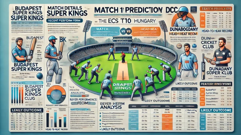 image of the article layout for the Dream11 match prediction between Budapest Super Kings (BK) and Dunabogdany Cricket Club (DCC)