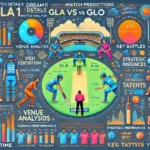 infographic-style image showcasing the Dream11 match prediction analysis for GLA vs GLO. It includes sections for Match Details, Venue Analysis, Recent Performances, Key Players, Strategic Insights, Key Battles, and Young Talents.