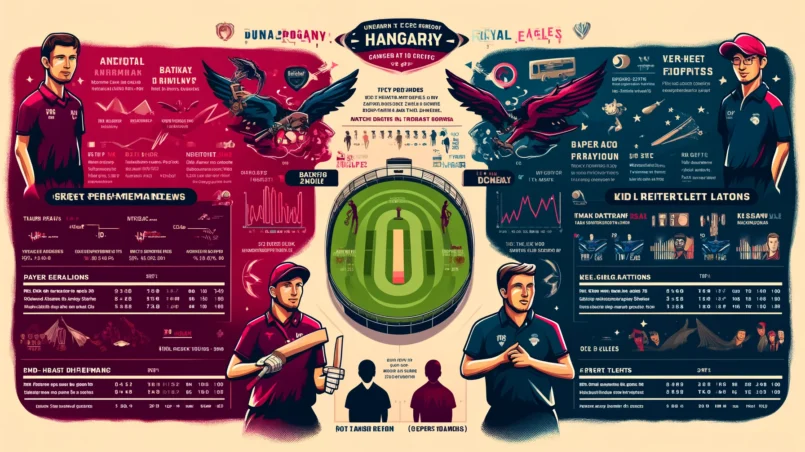 detailed infographic analyzing the upcoming Dream11 ECS T10 Hungary match between Dunabogdany Cricket Club (DCC) and Royal Eagles (REA). The image includes sections for match details, venue analysis, recent performances and team form, player performance data, head-to-head record, key battles, young talents, expert opinions, and betting scenarios.