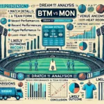 detailed analysis image for the BTM vs MON Dream11 prediction, featuring sections like Match Details, Venue Analysis, Recent Performances and Team Form, Player Performance Data for Key Players, Head-to-Head Record, Strategic Insights, Expert Opinions and Betting Scenarios, Likely Outcome, and Conclusion.