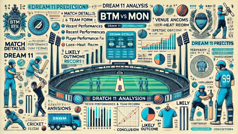 detailed analysis image for the BTM vs MON Dream11 prediction, featuring sections like Match Details, Venue Analysis, Recent Performances and Team Form, Player Performance Data for Key Players, Head-to-Head Record, Strategic Insights, Expert Opinions and Betting Scenarios, Likely Outcome, and Conclusion.