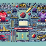 A detailed sports analysis graphic for a Dream11 prediction cricket match between Northern Superchargers (NOS) and Trent Rockets (TRT). The graphic should include key match details, recent performances, head-to-head records, venue analysis, key player performance data, strategic insights, and suggested Dream11 team with substitutes. Use vibrant colors and clear fonts to highlight important information. Include cricket elements such as bats, balls, wickets, and team logos. Ensure the design is engaging and visually appealing for a blog post.