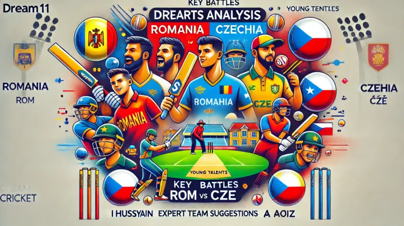 image for the CZE vs ROM Dream11 prediction analysis. It includes sections on key battles, young talents, and expert team suggestions, highlighting the main players and using a vibrant and balanced layout.