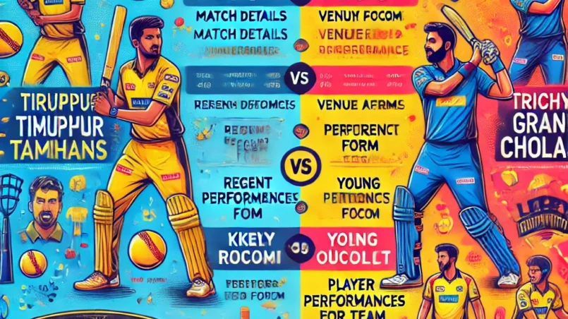 vibrant and engaging infographic highlighting the Dream11 prediction analysis for the TNPL match between Idream Tiruppur Tamizhans (ITT) and Trichy Grand Cholas (TGC).