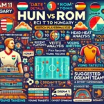 vibrant and detailed infographic summarizing the Dream11 prediction analysis for the HUN vs ROM ECI T10 Hungary match. This infographic visually presents key details, recent performances, player statistics, head-to-head records, venue analysis, strategic insights, key battles, young talents, expert opinions, and suggested Dream11 team with substitutes.