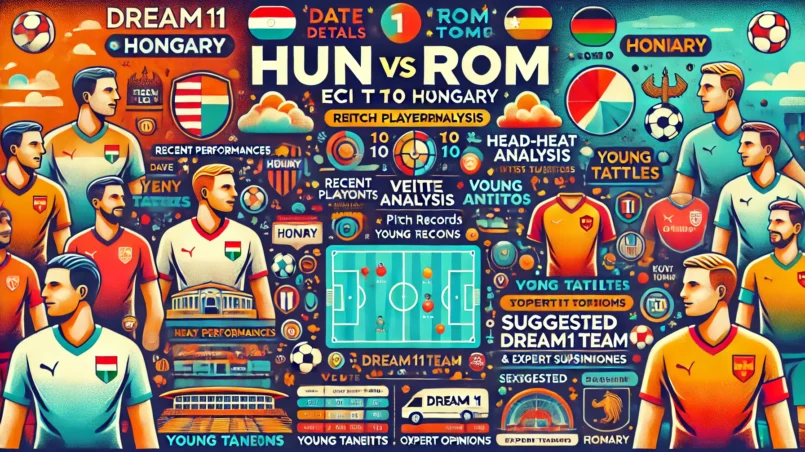 vibrant and detailed infographic summarizing the Dream11 prediction analysis for the HUN vs ROM ECI T10 Hungary match. This infographic visually presents key details, recent performances, player statistics, head-to-head records, venue analysis, strategic insights, key battles, young talents, expert opinions, and suggested Dream11 team with substitutes.