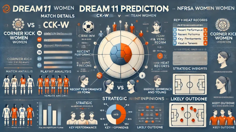 infographic style image summarizing the Dream11 prediction analysis for the match between Corner Kick Women (CK-W) and NFRSA Women (NFR-W). The image includes sections for match details, venue analysis, recent performances, player performance data, head-to-head record, strategic insights, key battles, young talents, expert opinions, likely outcome, and a conclusion.