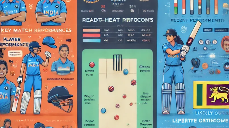 infographic for the IN-W vs SL-W Dream11 Prediction analysis. It includes key match details, venue analysis, recent performances, player performance data, head-to-head records, strategic insights, expert opinions, and the suggested Dream11 team with substitutes.