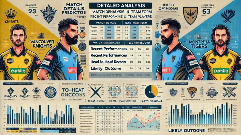 detailed analysis layout for the VK vs MON Dream11 prediction blog post. The image includes sections for 'Match Details', 'Venue Analysis', 'Recent Performances and Team Form', 'Player Performance Data for Key Players', 'Head-to-Head Record', 'Strategic Insights', 'Expert Opinions and Betting Scenarios', 'Likely Outcome', and 'Conclusion'. It also features team logos for Vancouver Knights and Montreal Tigers, and images of key players in action.