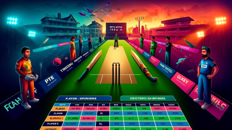 generated image based on the PLE vs PFCV Dream11 prediction analysis. The image includes detailed player statistics, key battles, and young talents, with a vibrant and colorful cricket-themed background.