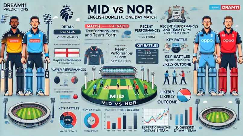 infographic for the MID vs NOR Dream11 prediction analysis. It includes all the sections such as match details, venue analysis, recent performances, player performance data, head-to-head record, strategic insights, key battles, expert opinions, likely outcome, and the suggested Dream11 team.