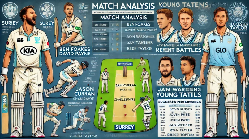 etailed cricket match analysis infographic for the upcoming match between Surrey (SUR) and Gloucestershire (GLO). This includes sections for Match Details, Venue Analysis, Recent Performances, Key Battles, Young Talents, and a Suggested Dream11 Team.