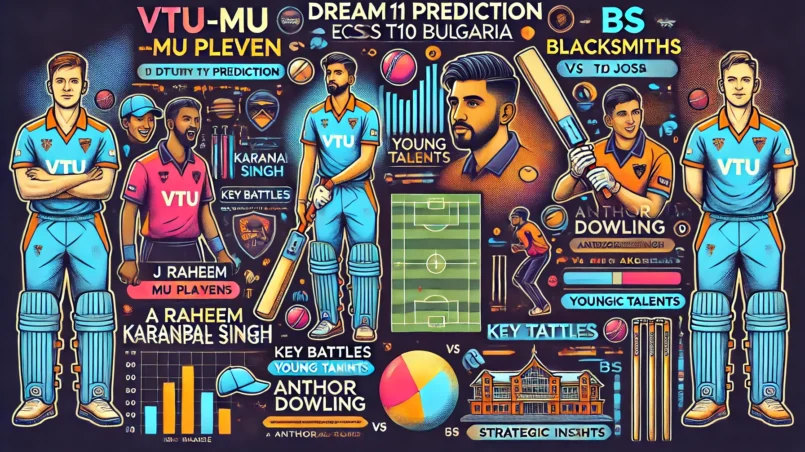 detailed cricket analysis graphic for the Dream11 prediction match between VTU-MU Pleven (PLE) and Blacksmiths CC (BS).